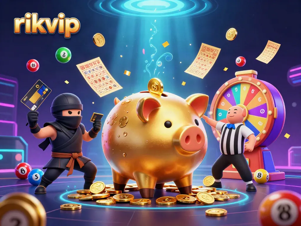Witness the rikvip gaming excitement as a giant golden sumo piggy bank bursts with coins, amidst vibrant lottery elements.