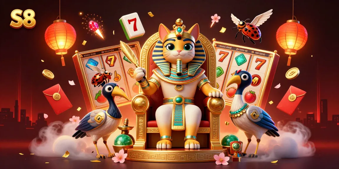 Engage in the S8 casino experience with vibrant visuals of a pharaoh cat, slots, and dynamic game elements.