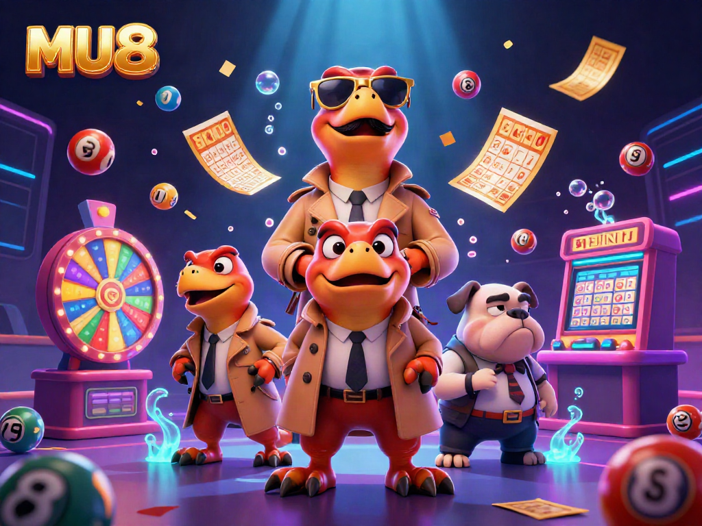 Watch MU88's colorful lottery balls burst around three raptors in disguise at a VIP casino entrance.