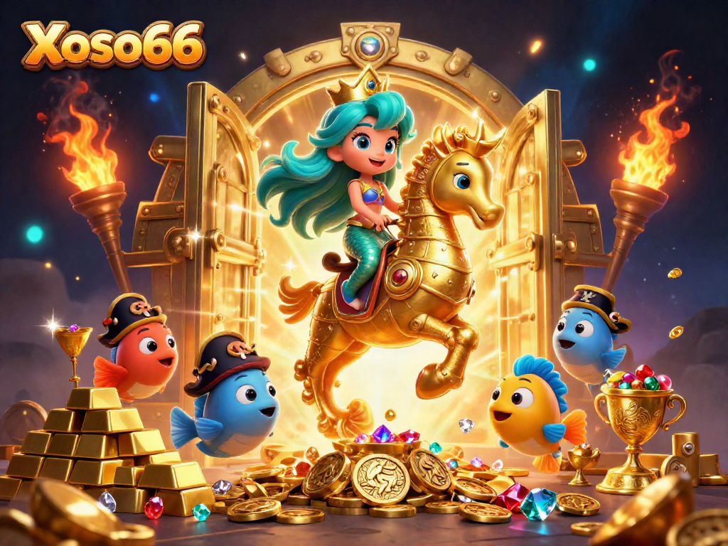 Join Xoso66 on a thrilling adventure with the mermaid princess and pirate fish in a vibrant casino scene.