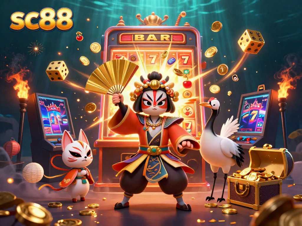 Experience the thrilling sc88 casino adventure with kabuki characters amid a jackpot explosion and vibrant game elements.