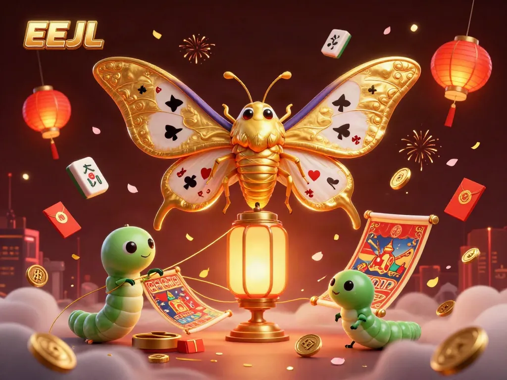 Engage with EEJL's enchanting casino world featuring a golden moth, vibrant game elements, and rich visuals.