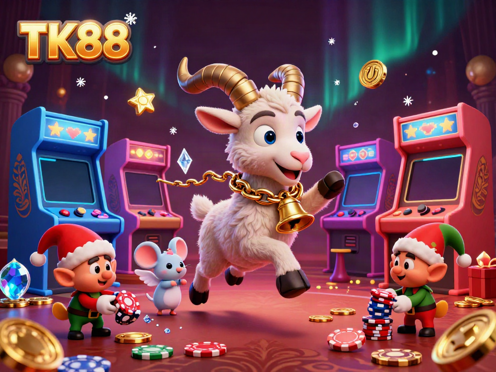 Experience the lively TK88 casino scene with Krampus, an angel mouse, and gremlins amidst arcade treasures.