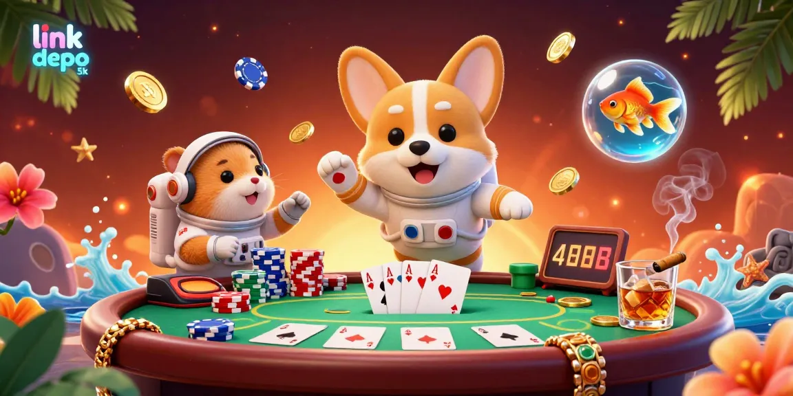 Experience the excitement of "link depo 5k" with vibrant casino action featuring playful characters and dynamic poker games.