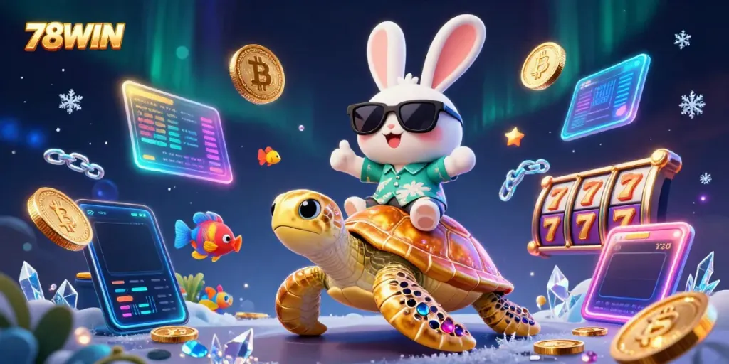 Experience gaming excitement with 78WIN's colorful illustration of a lucky rabbit and golden sea turtle, enriched with dynamic casino elements.