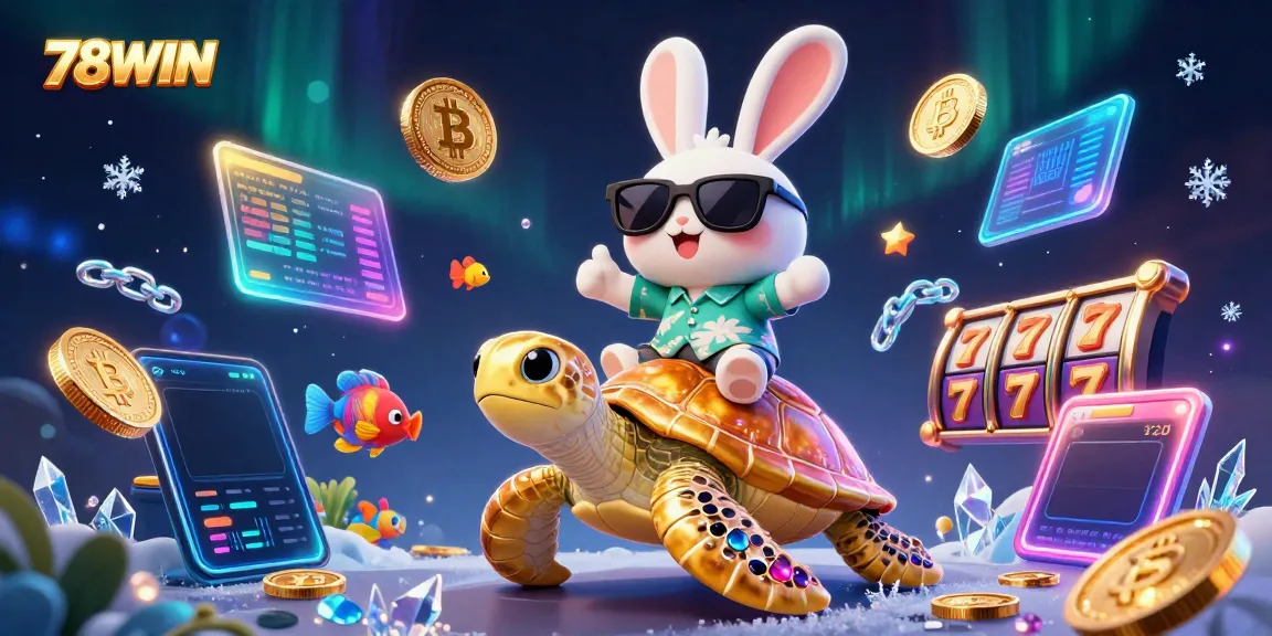 Experience gaming excitement with 78WIN's colorful illustration of a lucky rabbit and golden sea turtle, enriched with dynamic casino elements.