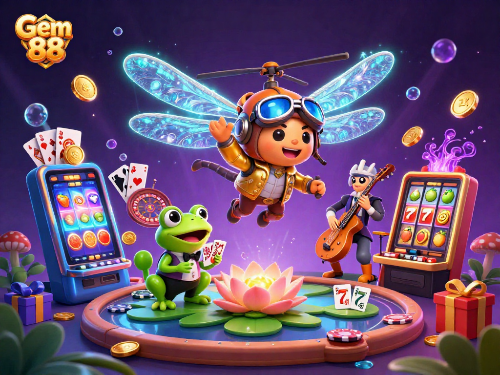 Experience thrilling wins at Gem 88, featuring vibrant slot reels and lively casino characters.
