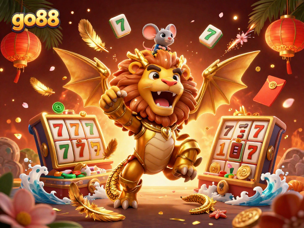 Experience the thrill of go88 with a dazzling 3D chimera and vibrant casino elements.