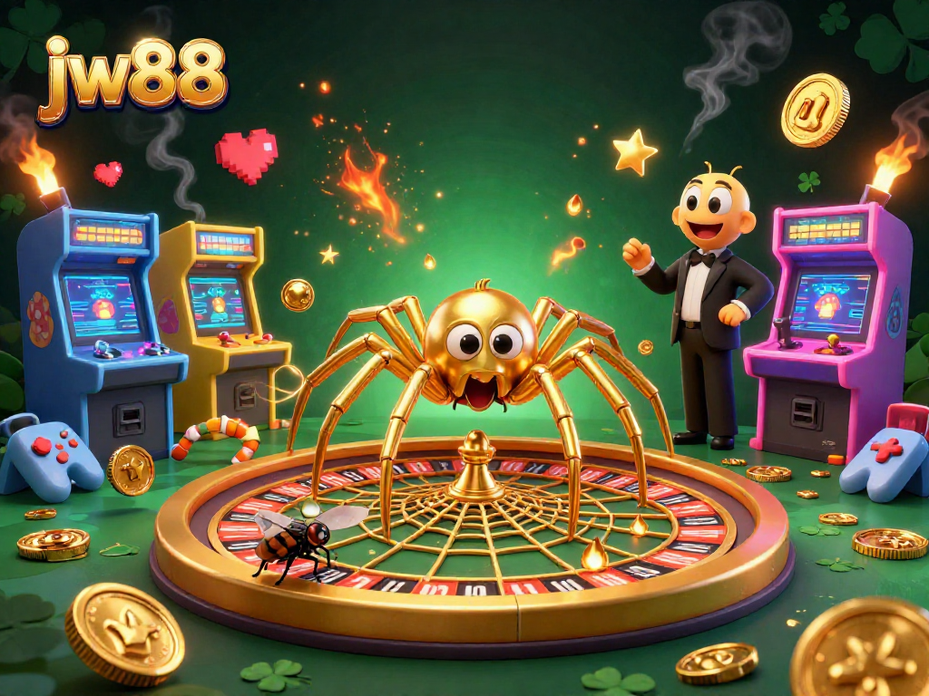 Experience thrilling bets at JW88's vibrant casino with spinning roulette web and fun arcade elements.