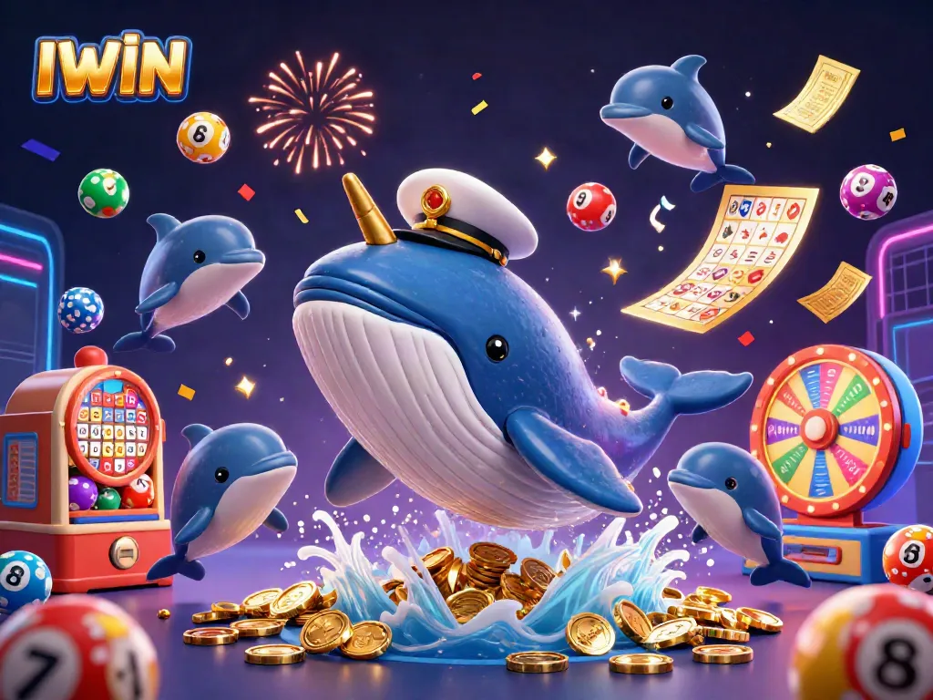 Experience the IWIN thrill with a vibrant scene of a whale, narwhal, and dolphins celebrating in a sea of casino elements.