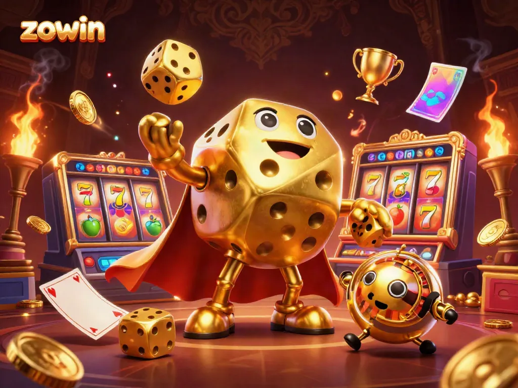 Zowin presents a vibrant 3D golden dice golem juggling dice in a lively casino scene filled with slots and game symbols.