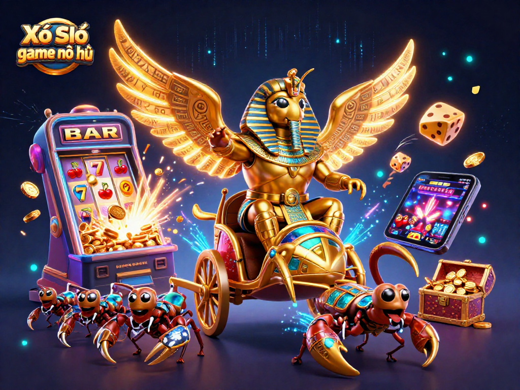 Engage in the thrilling Xổ Số game nổ hũ, showcasing a golden scarab beetle, dynamic slot machine, and vibrant casino elements.
