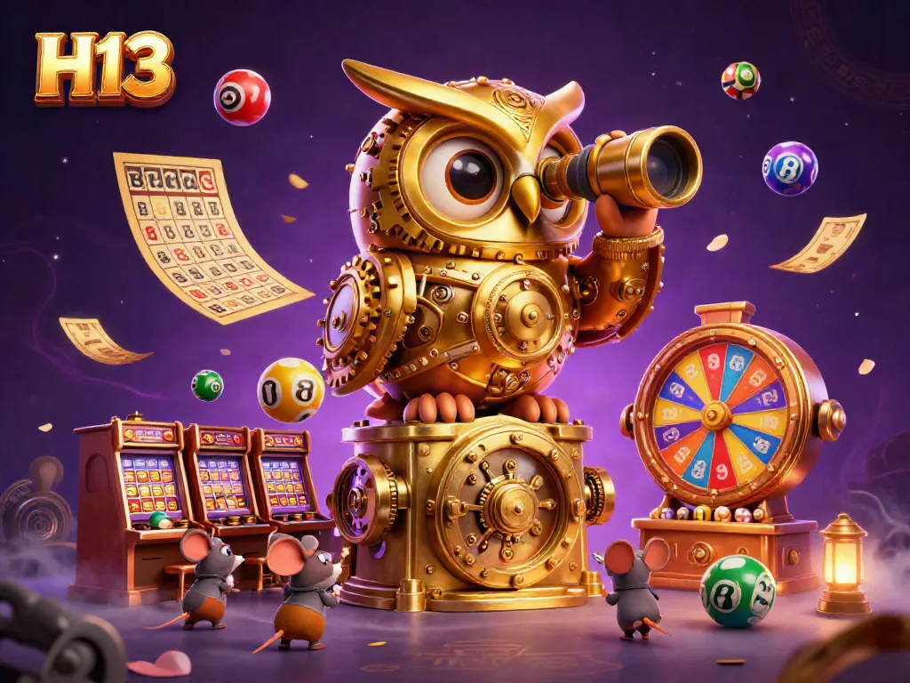 Experience the excitement of H13 with a dynamic 3D illustration of casino gaming elements and characters.