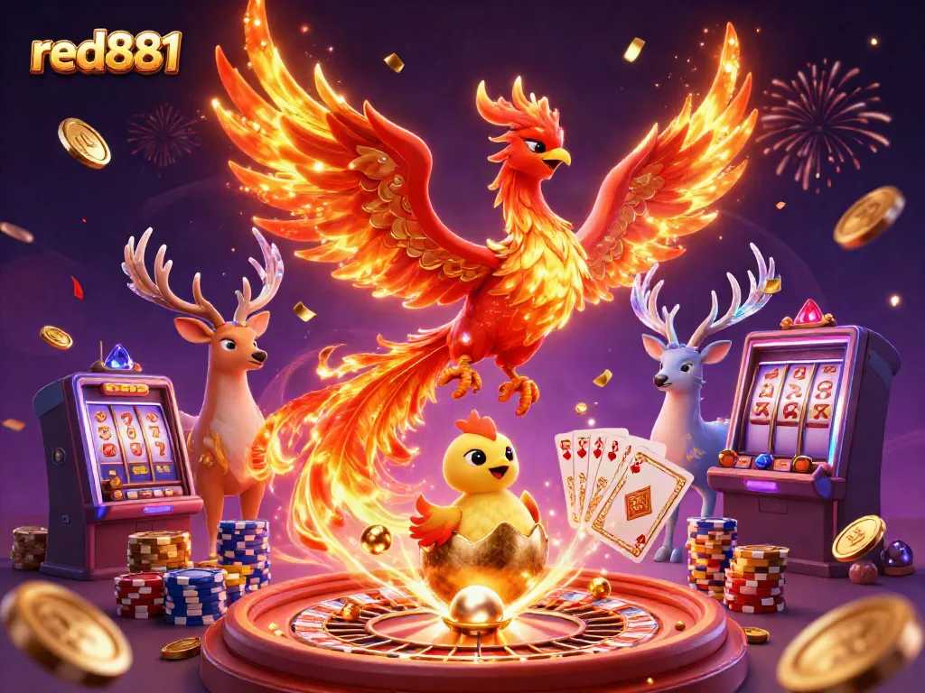 Experience the thrill of red881 with soaring phoenix, cascading coins, and dynamic casino elements.