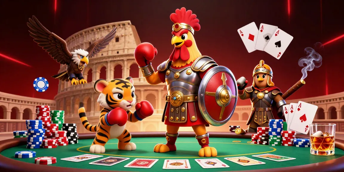 Best odds at 777KING as the gladiator rooster wins epic poker showdown in 3D illustration