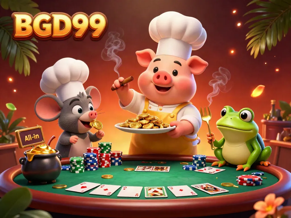 Experience the vibrant casino energy with BGD99 as a chef pig serves gold coins amidst colorful poker chips.