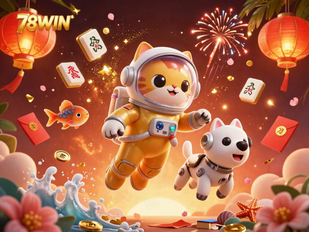 Engage with 78WIN's vibrant casino universe through a playful 3D cat and dog duo.