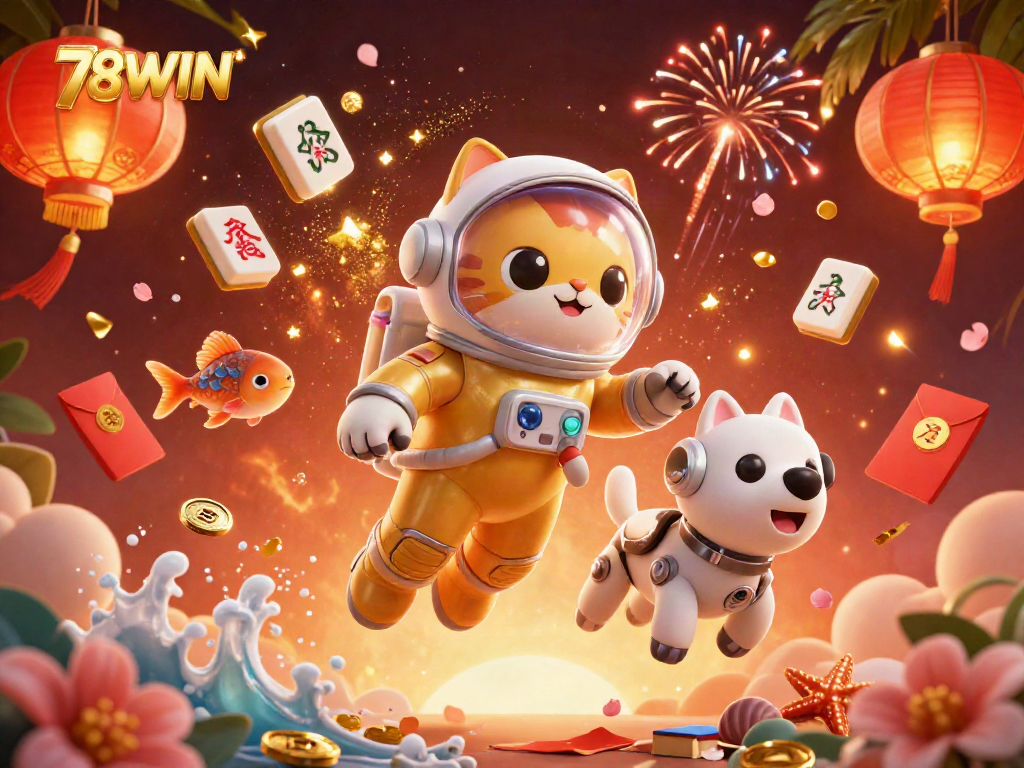 Engage with 78WIN's vibrant casino universe through a playful 3D cat and dog duo.