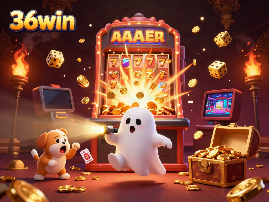 Experience thrilling casino magic with 36win's playful characters amidst vibrant slot machine excitement.