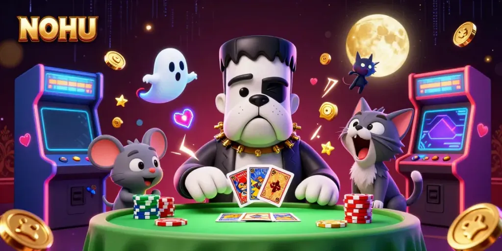 Engage in thrilling NOHU slots with a vibrant 3D scene featuring a Frankenstein bulldog dealing cards and a ghost mouse amidst casino elements.