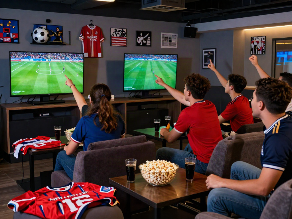 Socolive fans enjoying a thrilling football match in a lively lounge atmosphere.