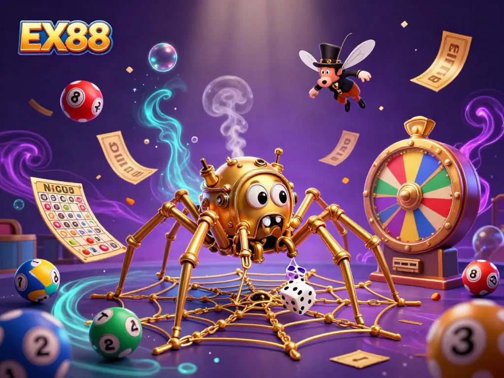 Engage in thrilling play with vibrant EX88 lottery balls and a steampunk spider entangled in casino fun.