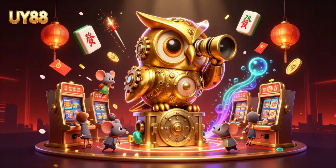 Experience the thrill of UY88 with a vibrant 3D casino illustration depicting a bustling scene.