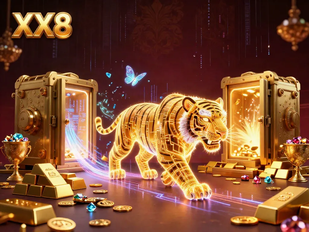 Experience the excitement of XX8 as a golden tiger enthralls players in a vibrant digital casino.