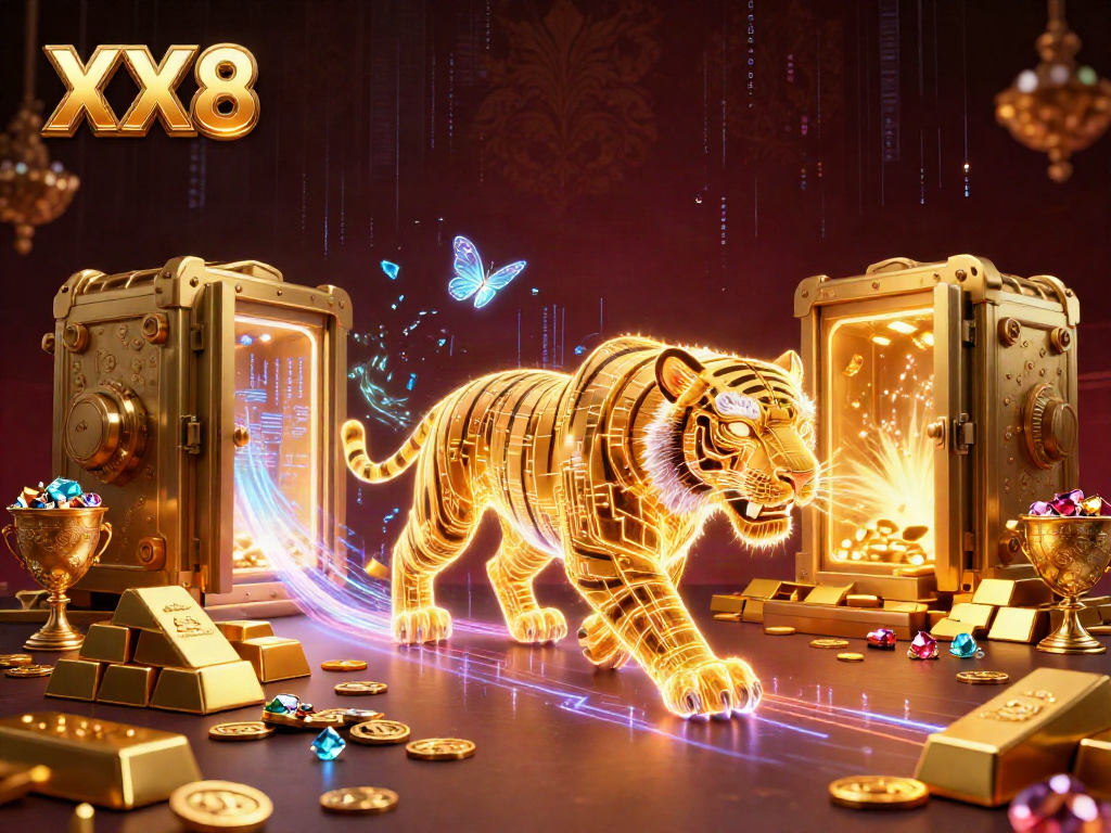Experience the excitement of XX8 as a golden tiger enthralls players in a vibrant digital casino.