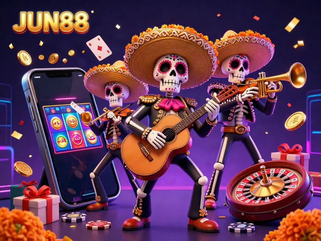 Engage with exciting gambling at JUN88 through a vibrant, colorful scene of a mariachi band amidst casino elements.
