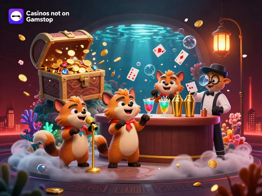 Join the fun at Casinos not on Gamstop with lively hyenas in a vibrant casino setting, bringing excitement and entertainment.