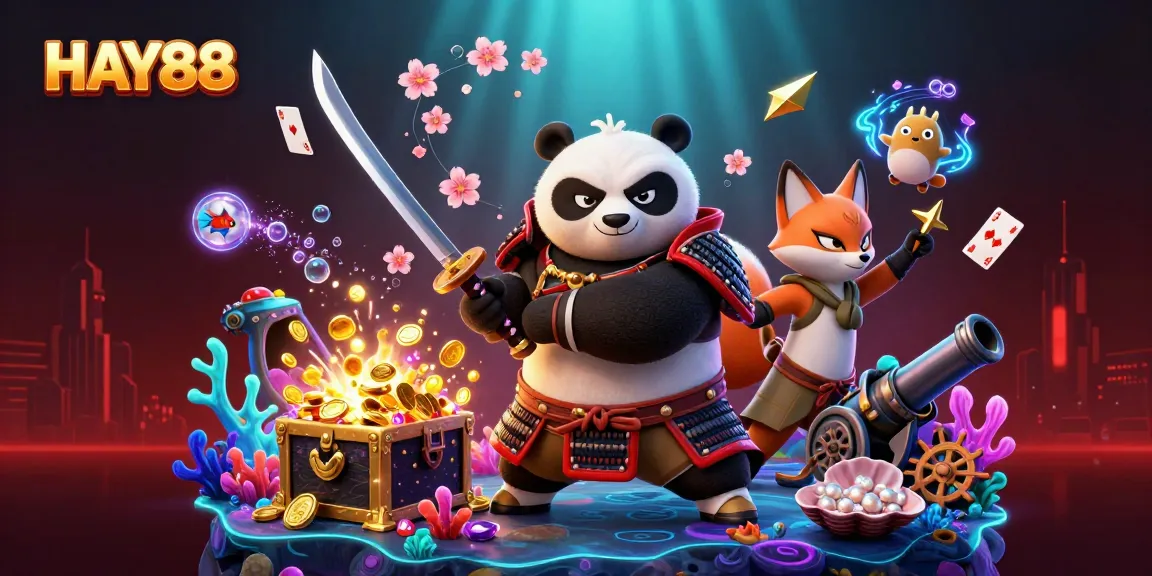 Experience thrilling gameplay with HAY88 through samurai panda, ninja fox, and spirit tanuki in dynamic casino scene