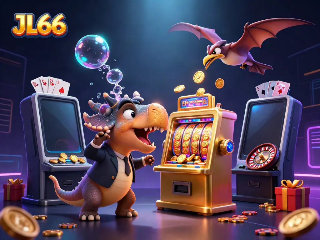 JL66 casino scene featuring a vibrant 3D cartoon pachycephalosaurus triggering a jackpot alongside a panicked ankylosaur manager and a pteranodon.