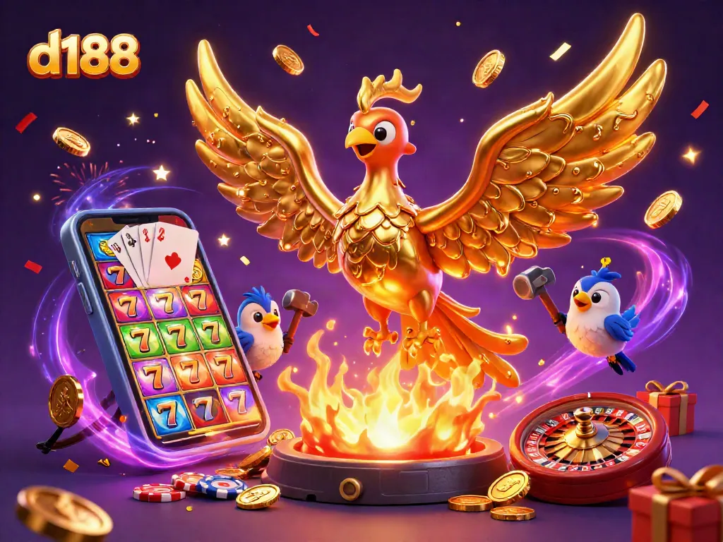 d188 captures the magic of immersive casino gaming with a rich, colorful scene showcasing golden coins and dynamic slot reels.