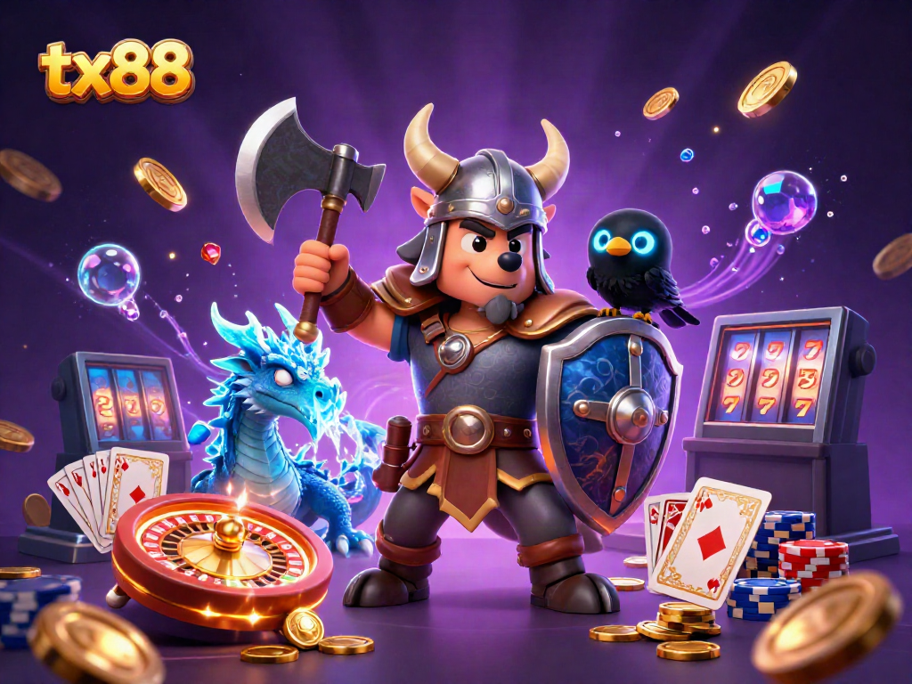 Experience thrilling gaming action with tx88 featuring a Viking warrior, dragon, and casino elements in an epic scene.