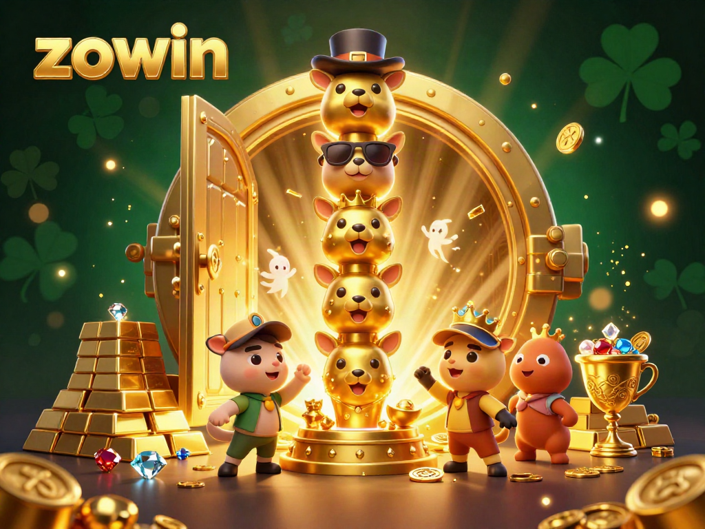 Zowin provides an extravagant gaming atmosphere with golden treasures pouring out, featuring joyful characters and dazzling gems.
