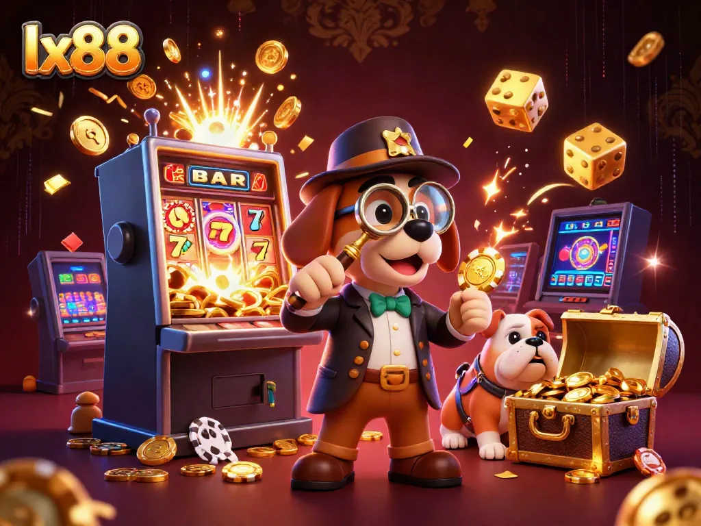 Join the lx88 adventure with a detective bloodhound uncovering treasures in a vibrant casino game world.