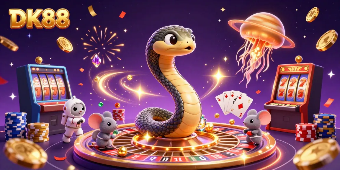 Discover DK88's vibrant casino experience featuring astronaut mice and cosmic dealer in a dynamic scene.