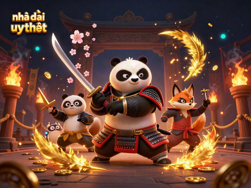 Exciting action scene depicting Nhà cái uy tín with panda samurai and ninja fox gamers.