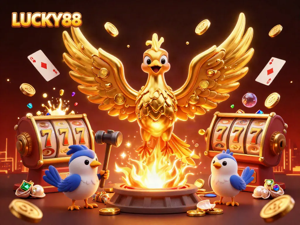 LUCKY88 showcases a golden phoenix surrounded by extravagant slot gaming elements, representing exciting jackpots.