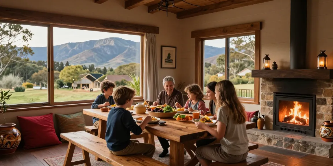 Magaliesburg Accommodation featuring a family enjoying a cozy meal in a rustic cabin setting, showcasing the warmth and beauty of nature.
