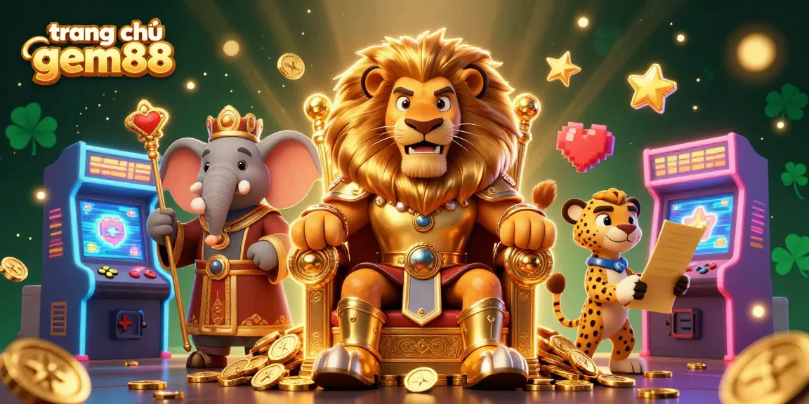 Join the excitement at trang chủ gem88 with this vibrant casino scene featuring a lion king, wise elephant, and quick cheetah.