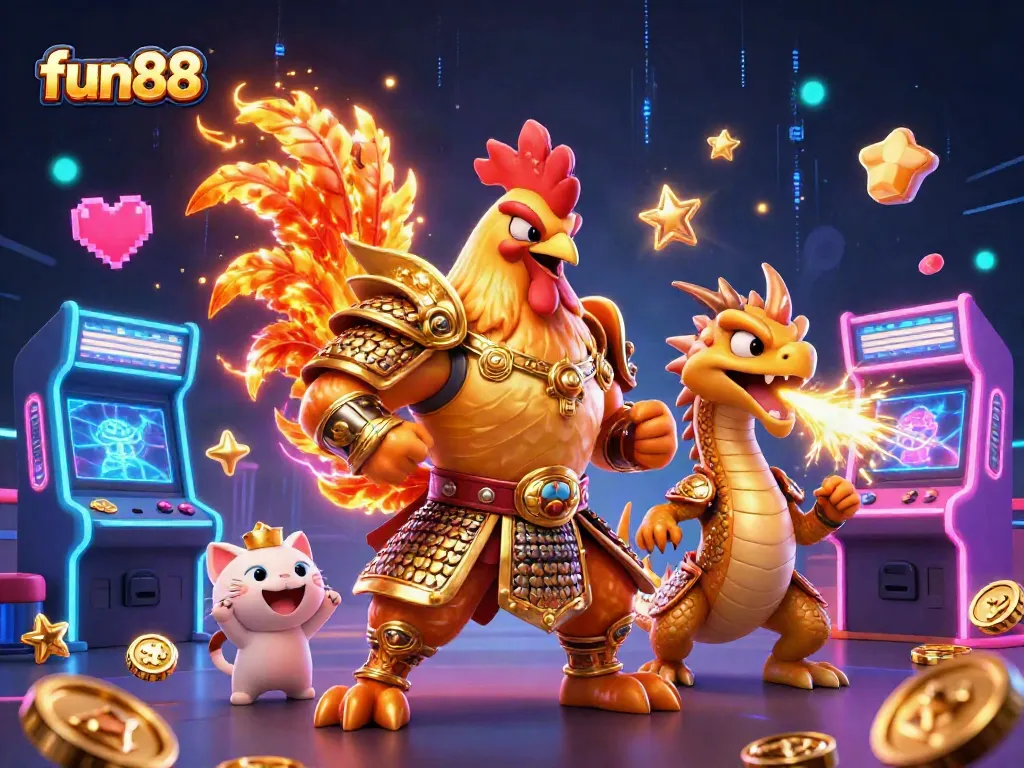 Experience fun88's dynamic gaming adventures with a rooster warrior and dragon in an engaging 3D illustration.