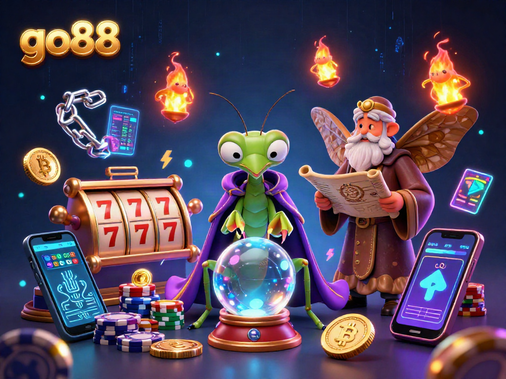 Engage with go88's immersive casino experience featuring vibrant slot reels and cryptocurrency elements.