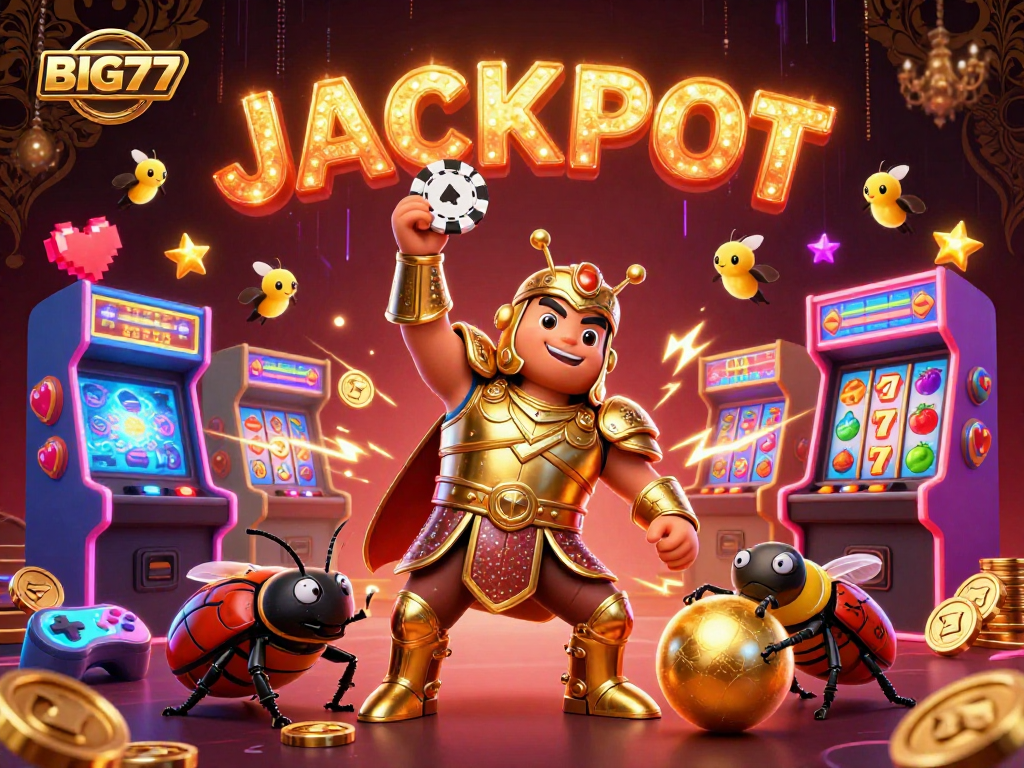 Big777 jackpot celebration featuring cartoon beetles and casino elements in a vibrant 3D scene.