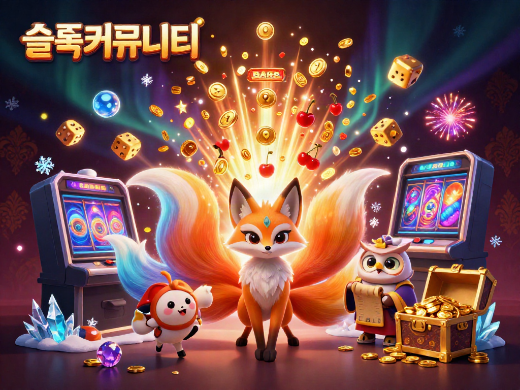 Experience the vibrant colors and excitement of 슬롯커뮤니티 with a mystical fox and wise owl amid dynamic casino elements.
