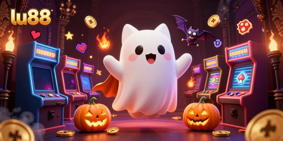 Experience the thrilling atmosphere at lu88 with a ghost cat and vampire bat in a glowing casino.
