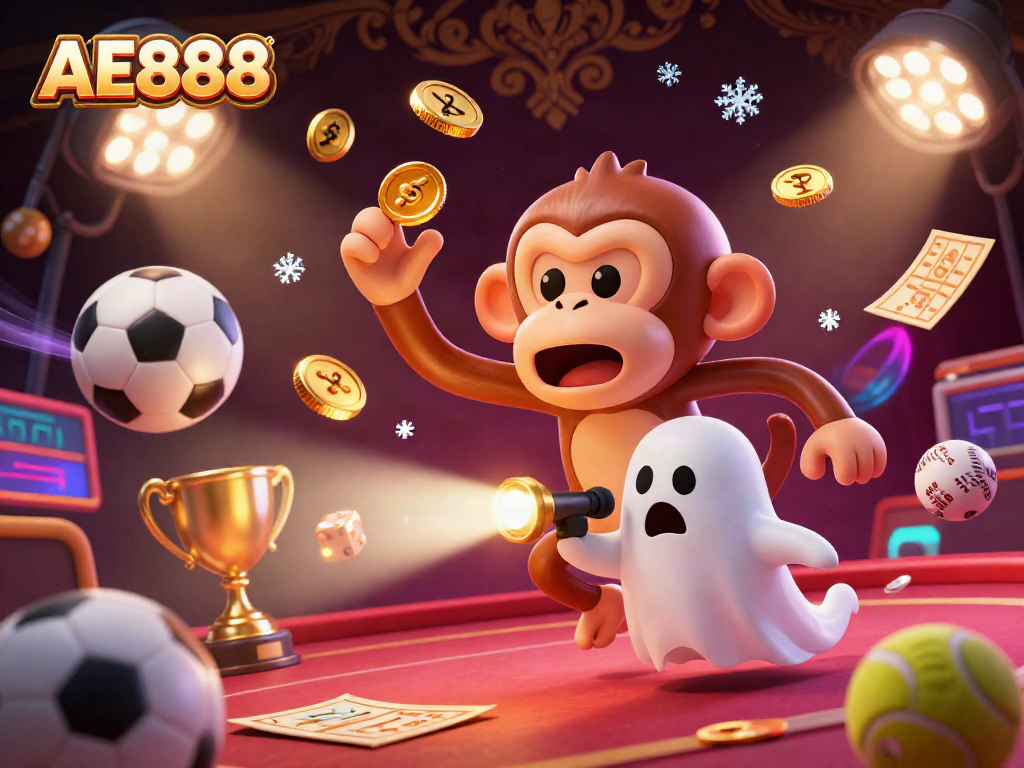 Experience the excitement at AE888 Casino with a playful poltergeist monkey and ghost-hunter puppy!
