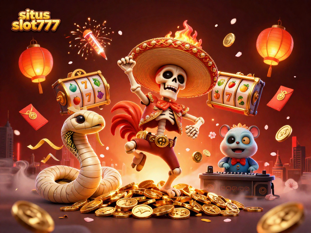 Spin and win with situs slot777 in a vibrant 3D illustration of a skeleton mariachi and friends.