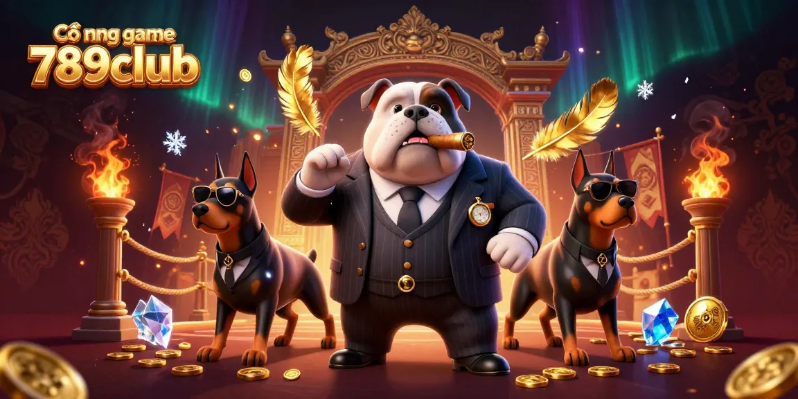 Engaging illustration of Cổng game 789club featuring a cartoon mafia boss bulldog and bodyguard Dobermans among rich gaming elements.